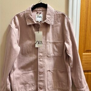 This is a Zara women's pink denim shacket jacket